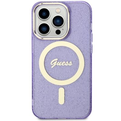3. Etui Guess Glitter Gold MagSafe na iPhone 14 Pro - purpurowe