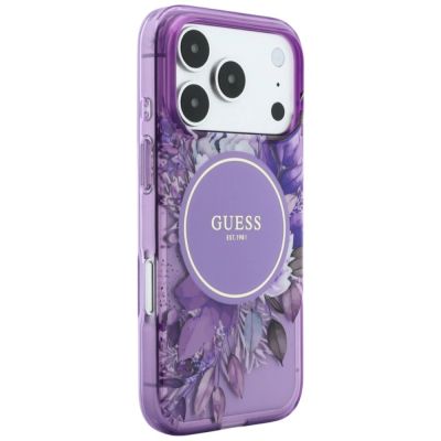 3. Etui Guess IML Flowers Pearl Strap MagSafe na iPhone 18 Pro / 17 Pro - fioletowe