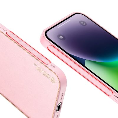 8. Dux Ducis Yolo etui iPhone 14 Plus elegancki pokrowiec ze skóry ekologicznej różowy