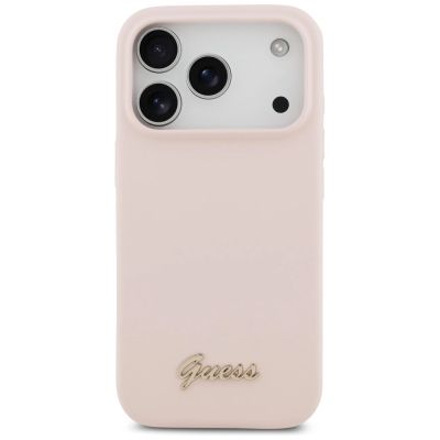 3. Etui Guess Silicone Script Metal Logo MagSafe na iPhone 17 Pro - różowe