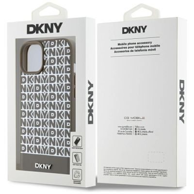 7. Etui DKNY Leather Printed Pattern Metal Logo MagSafe na iPhone 15 / 14 / 13 - brązowe