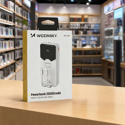 6. Powerbank Wozinsky WFC-15W 20000mAh 22,5W PD20W z wbudowanymi kablami Lightning i USB-C - biały