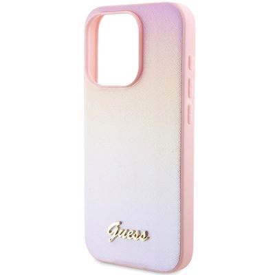 6. Etui Guess Saffiano Iridescent Script na iPhone 14 Pro Max - różowe