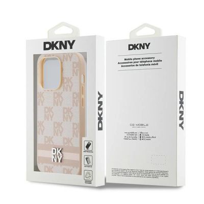 8. Etui DKNY Leather Checkered Mono Pattern & Printed Stripes na iPhone 14 Pro - różowe