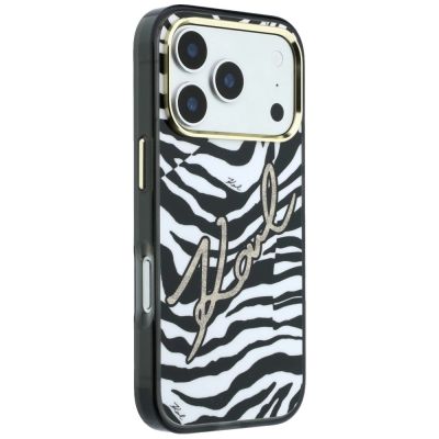 4. Etui Karl Lagerfeld IML Signature Zebra Glitter MagSafe na iPhone 17 Pro / 18 Pro - złote