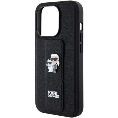 7. Etui Karl Lagerfeld Gripstand Saffiano Karl&Choupette Pins na iPhone 15 Pro Max - czarne