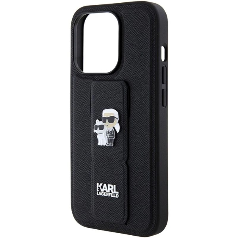 7. Etui Karl Lagerfeld Gripstand Saffiano Karl&Choupette Pins na iPhone 15 Pro Max - czarne