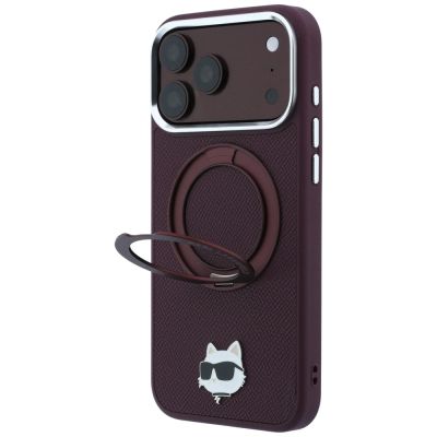 2. Etui Karl Lagerfeld with Ring Stand 360 Choupette Head Pin MagSafe na iPhone 18 Pro / 17 Pro - burgundowe
