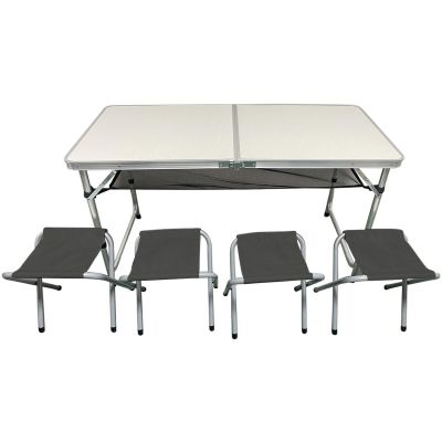 16. STOLIK TURYSTYCZNY SKŁADANY KEMPINGOWY 120x60x70/62/55CM 4 KRZESŁA I PÓŁKA