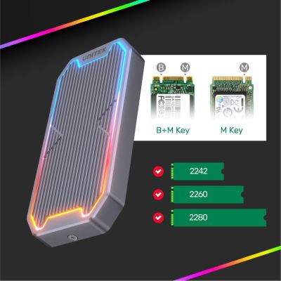 14. UNITEK OBUDOWA DYSKU USB-C M.2 SSD NVME/SATA, 10GBPS, RGB