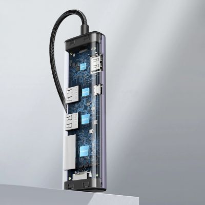 18. Adapter Ugreen CM512 90568 USB-C - 2x USB-A 3.0 / HDMI / RJ45 / czytnik kart SD i TF / USB-C PD 100W - szary