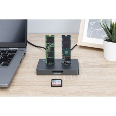 18. Stacja dokująca USB-C 3.2 Gen2 dla dysków SSD M.2 Duo NVMe oraz SATA (max. 2x 4 TB) z czytnikiem kart SD-Express 7.1 (max. 2 TB), czarna