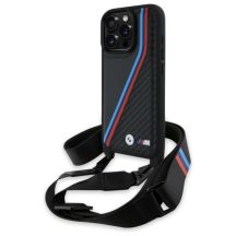 Etui BMW M Edition Carbon Tricolor Lines & Strap na iPhone 16 Pro - czarne