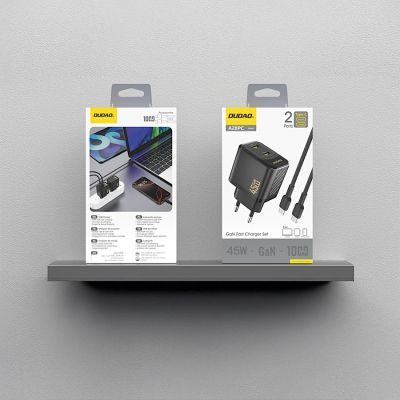 2. Ładowarka sieciowa Dudao A28PCEU PD 45W GaN 2xUSB-C z kablem USB-C - czarna