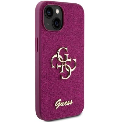 4. Etui Guess Glitter Script Big 4G na iPhone 15 - fioletowe