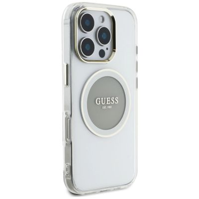 4. Etui Guess IML Metal Colored Circle Classic Logo MagSafe na iPhone 16 Pro - szare