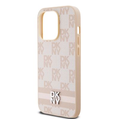 6. Etui DKNY Leather Checkered Mono Pattern & Printed Stripes na iPhone 14 Pro - różowe