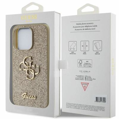 8. Etui Guess Glitter Script Big 4G na iPhone 15 Pro - złote