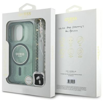 7. Etui Guess IML Glitter With Pearl Strap MagSafe na iPhone 16 Pro Max - zielone