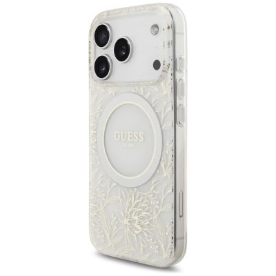 3. Etui Guess IML Flowers Electro Pearl Strap MagSafe na iPhone 17 Pro - białe