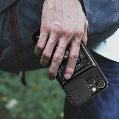 7. Pancerne etui z podstawką i osłoną aparatu do iPhone 15 Plus Hybrid Armor Camshield - niebieskie