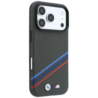 4. Etui BMW M Quadrille Kevlar Print Tricolor Lines & Metal Logo MagSafe na iPhone 18 Pro / 17 Pro - ciemnoszare