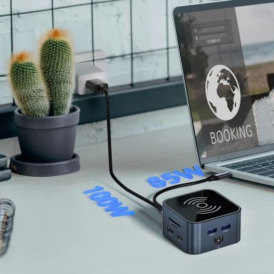 7. Hub USB-C 12 w 1 Wozinsky WHBC09Y8S wielofunkcyjny,z funkcją ładowania bezprzewodowego, aluminiowy, z kablem 15 cm - szary