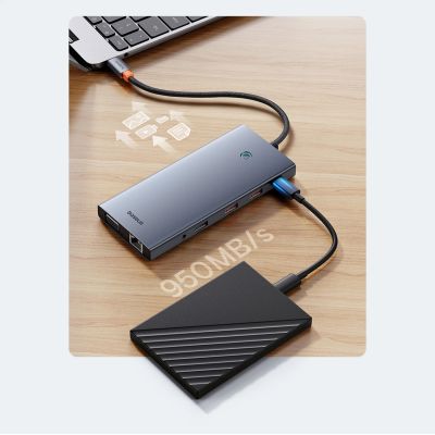 10. HUB Baseus PortalJoy Series 13w1 USB-C - 2x HDMI / DP / VGA / USB-A 3.1 / USB-C 3.1 / USB-A 2.0 / PD / RJ45 / SD / TF / AUX - szary