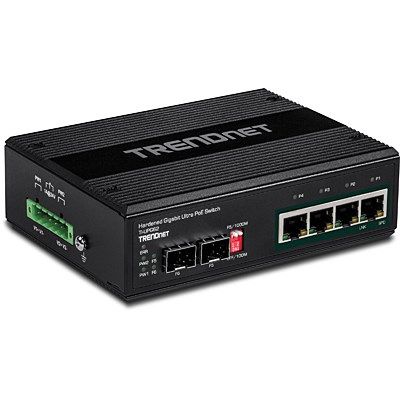 3. Przełącznik TRENDnet TI-UPG62 - Niezarządzalny - 4 x 10/100/1000 (PoE+) + 2 x Gigabit SFP - Możliwość montażu na szynie DIN, Montaż na ścianie - PoE+ (240W) - DC