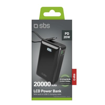 2. Powerbank SBS 20000 mAh 20 W z wbudowanym kablem USB-C i wyświetlaczem cyfrowym - czarny
