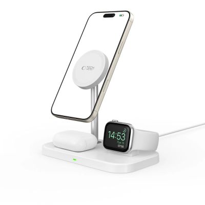 8. Ładowarka Tech-Protect QI15W-A22 indukcyjna MagSafe ze stojakiem 3w1 MagSafe na smartfon / Apple Watch / AirPods - biała