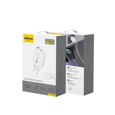 3. Ładowarka sieciowa A6MaxL 20W USB-A USB-C z kablem USB-C - Lightning 1m - biała