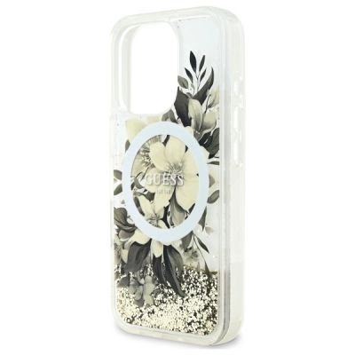 6. Etui Guess Liquid Glitter Flower MagSafe na iPhone 16 Pro - beżowe