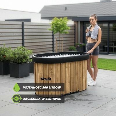 6. VIRTUFIT WANNA LODOWA OWALNA 500 LITRÓW IMITACJA DREWNA Z AKCESORIAMI