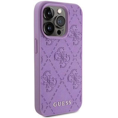 4. Etui Guess Leather 4G Stamped na iPhone 15 Pro - fioletowe
