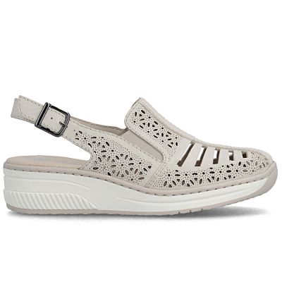 2. Skórzane sandały damskie na koturnie beżowe Rieker 48763-60