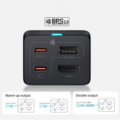 12. Ładowarka sieciowa GaN5 Baseus CCGP110201 67W HUB HDMI 2x USB-C / USB-A / HDMI 4K 30Hz 1,5m - czarna + kabel USB-C - USB-C 100W 1m