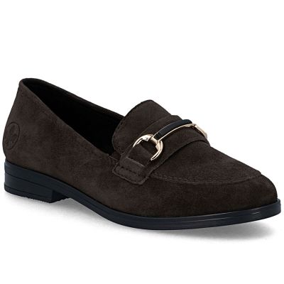 Skórzane loafersy damskie zamszowe brązowe Rieker  46262-25