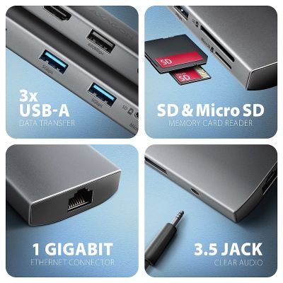 3. AXAGON HMC-8HLSA Wieloportowy koncentrator USB-C 3.2 Gen 1, 3x USB-A + 4K/60Hz HDMI + SD/microSD, Gigabit LAN, Audio, PD 100W - Srebrny
