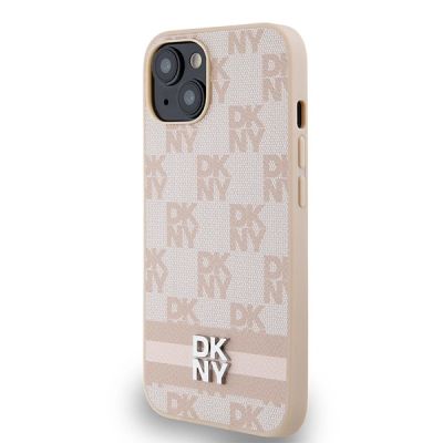 2. Etui DKNY Leather Checkered Mono Pattern & Printed Stripes na iPhone 15 Plus / 14 Plus - różowe
