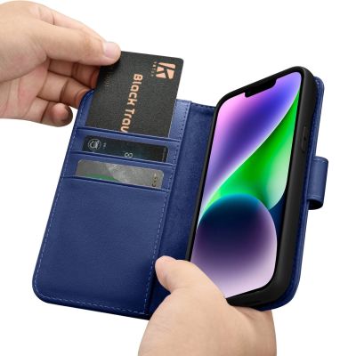 15. iCarer Wallet Case 2in1 etui iPhone 14 Plus skórzany pokrowiec z klapką Anti-RFID niebieski (WMI14220727-BU)