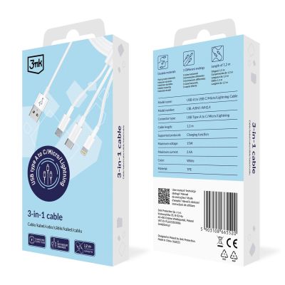 7. Kabel 3mk Cable 3w1 USB-A - micro USB / Lightning / USB-C 1,2m 20V/2.4A 15W - biały