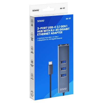 7. SAVIO AK-57 3-PORTOWY HUB USB-C Z ADAPTEREM RJ-45