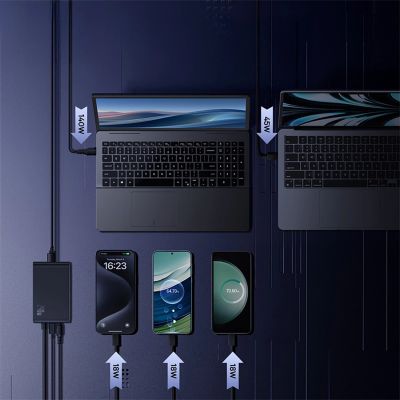 14. Ładowarka sieciowa Baseus Digital GaN 3xUSB-C 1xUSB-A 240W z kablem zasilającym - czarna