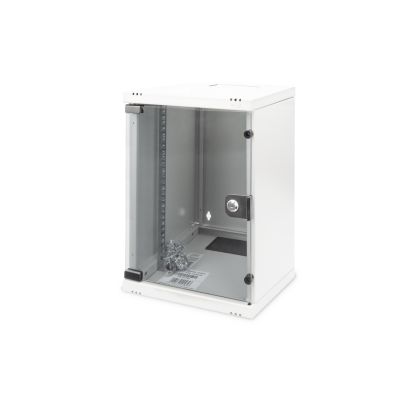 19. Szafa sieciowa wisząca 10" 9U rack 312x300, drzwi szyba, szary, niedzielona, złożona, 30kg