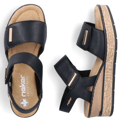 5. Sandały damskie na koturnie czarne na rzepy Rieker 63781-00