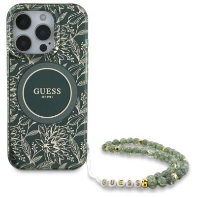 2. Etui Guess IML Flowers Allover Electro With Pearl Strap MagSafe na iPhone 16 Pro Max - zielone