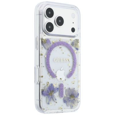 4. Etui Guess Resin Flowers Glitter MagSafe na iPhone 18 Pro / 17 Pro - fioletowe
