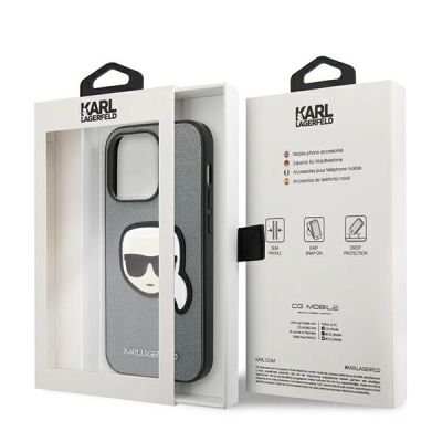 8. Etui Karl Lagerfeld Saffiano Karl's Head Patch na iPhone 14 Pro Max - srebrne