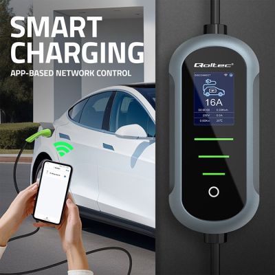 9. Qoltec Mobilna ładowarka do samochodu elektrycznego EV z regulacją 2w1 Typ2 | 11kW | 400V | Wi-fi | TUYA | SMART LIFE | LCD | Przenośna | Wallbox | 5m